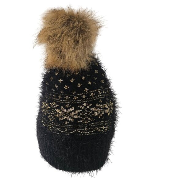 Unbranded Black Metallic Gold Furry Knit Beanie Faux Fur Pom-Pom Unisex OS - Picture 6 of 11